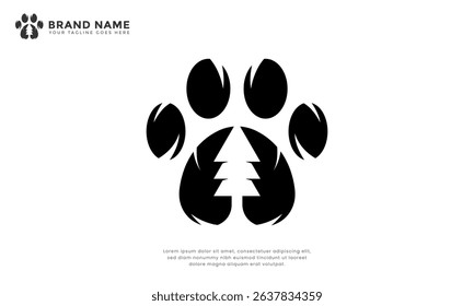 Paw Pine Logo. Modern logo combine paw with pine tree. Ideal for outdoor pet brands, dog hiking services, wildlife conservation, or natural pet products
