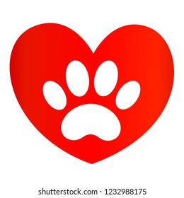 Paw print animal on red heart icon logo symbol sign vector design element for Valentines day card
