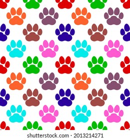 Сolorful paw print background. Seamless repeating pattern. Cat or dog footprints different colors. Vector illustration on white background. 
