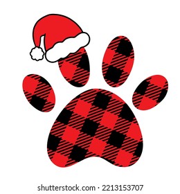 Paw print with Buffalo plaid pattern. Christmas Dog. Happy new year and merry Christmas illustration for pet lovers. Isolated on white background. 