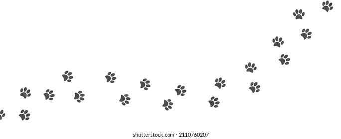 Paw print of cat, dog. Pet footprint trail walk. Animal foot track. Step silhouette icon. Pet shop symbol. Pitch shape. Pawprint on long banner. Puppy way trace. Vector illustration.