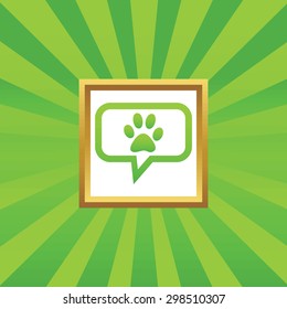 Paw print in chat bubble, in golden frame, on green abstract background