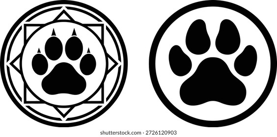 Pfotenabdruckkreis-Badges. Schwarze Fußabdruck-Symbole für Hunde und Katzen in runden Rahmen. Wildtiersiegel und geometrisches Emblem, Vektorsatz.