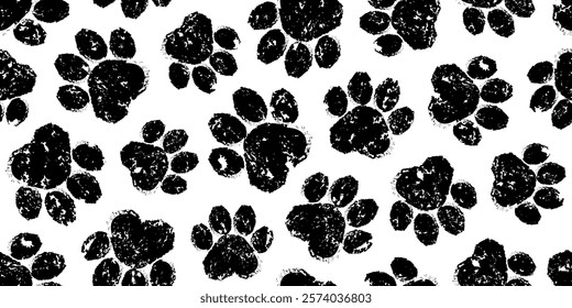 Paw print crayon seamless pattern, cat or dog foot charcoal bg, animal doodle sketch background. Pet step grunge texture. Bear, panda, tiger stamp foot track wallpaper. Cartoon vector illustration