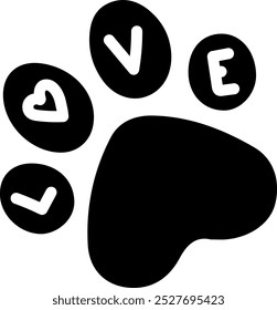 Diseño de estampado de patas con la palabra LOVE incorporada en los dedos del pie, cada letra en una almohadilla separada.