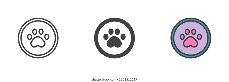 Paw print different style icon set. Line, glyph and filled outline colorful version, outline and filled vector sign. Pet shop symbol, logo illustration. Vector graphics