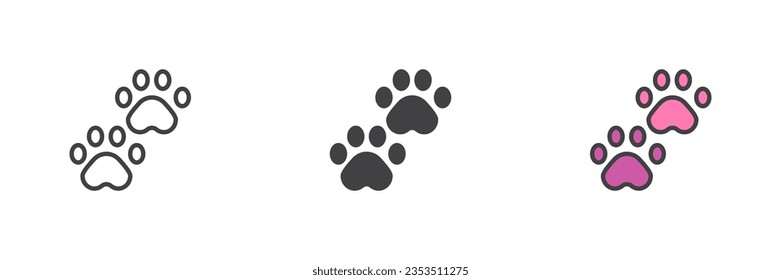 Paw print different style icon set. Line, glyph and filled outline colorful version, outline and filled vector sign. Symbol, logo illustration. Vector graphics