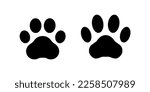Paw print dog and cat. Black footprint of pet isolated on white background. Pets paws shape. Animal pawprint dogs, cats. Cute silhouette paw for design prints. Outline steps. Vector illustration