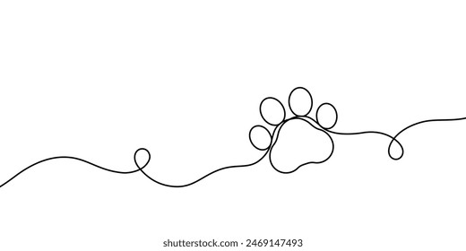 Paw print of a dog or cat. Black line animal prints isolated on white background. Footprint pet. Drawing a puppy mark. Cute hand draw canine paws. Continuous pattern line. Lineart. Vector illustration