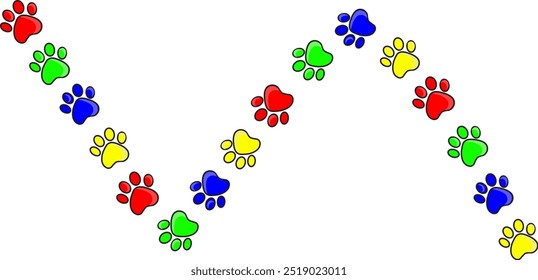 Perro y gato con huella de pata. Huella negra de la mascota aislada en el fondo blanco. Forma colorida de las patas de las mascotas. Perros de huella animal, gatos. Linda pata de silueta para el diseño en zigzag