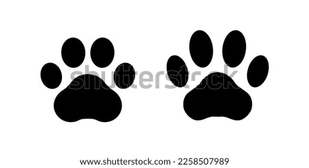 Paw print dog and cat. Black footprint of pet isolated on white background. Pets paws shape. Animal pawprint dogs, cats. Cute silhouette paw for design prints. Outline steps. Vector illustration