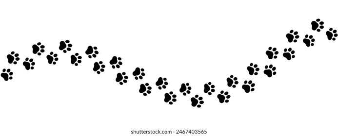 Paw print of a dog or cat. Footprint pet. Black lines animal prints isolated on white background. Tiger paws. Cute canine pattern. Puppy track. Feline step outline. Kitten leg. Vector illustration