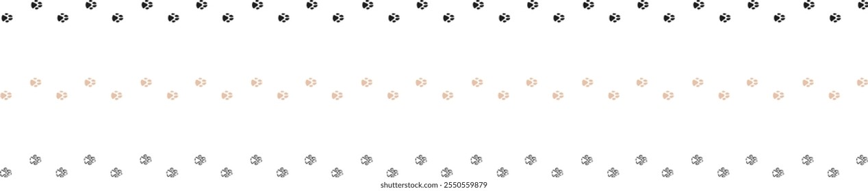 Paw print of a dog or cat. Footprint pet. Black lines animal prints isolated on white background. Puppy track. Feline step outline. Kitten leg. Illustration facing right.Vector illustration.