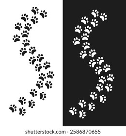 Paw print of a dog or cat. Footprint pet. Black lines animal prints isolated on white background. Tiger paws. Cute canine pattern. Puppy track. Feline step outline. Kitten leg. Vector illustration