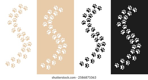 Paw print of a dog or cat. Footprint pet. Black lines animal prints isolated on white background. Tiger paws. Cute canine pattern. Puppy track. Feline step outline. Kitten leg. Vector illustration