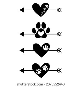 Paw print of dog or cat, heart and arrows. Phrases about pets. Dog lover quotes. Animal love symbol paw print. Vector illustration. Isolated on white background. 