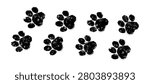 Paw print dog or cat, pet footprint sketch pattern. Animal grunge paw silhouette background. Black cat dog feet stamp isolated on white bg. Charcoal texture doodle, paint pet step. Vector illustration