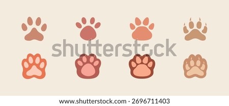 Paw print of a dog or cat. Set of different Animal footprint. Footprint pet. Paw print of dog, cat, tiger paws, Bobcat, kitten leg, cute canine, puppy pet footprint. Puppy track. Feline step outline. 
