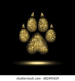 Paw print of a dog. Golden sequins on black background