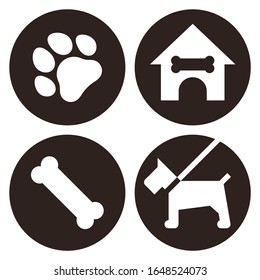 Paw print, dog house, bone and dog on a leash. Pets icon set isolated on white background