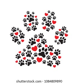 Paw print filled with paw prints and hearts. Animal's (dog's) paw print. Love your pet. Love to nature. Vector illustration.