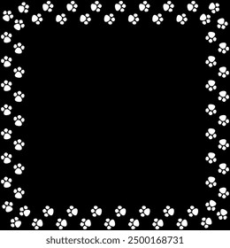 Paw print frame. Vector border design. Black background. White paw prints.