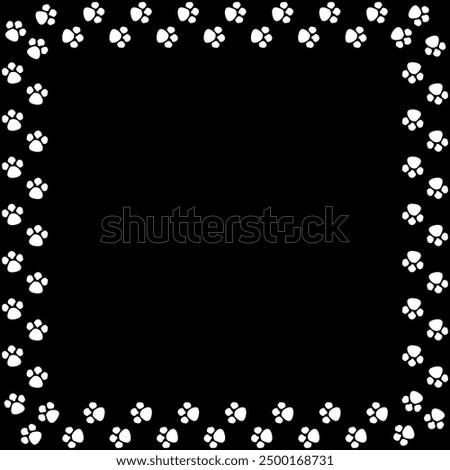 Paw print frame. Vector border design. Black background. White paw prints.