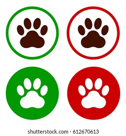 Paw print in a green and red circle, icon set, vector illustration.