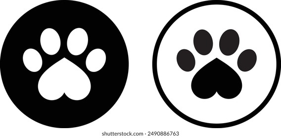 Paw print with heart icon set in two styles . Heart shaped pet paw print icon . Vector illustration