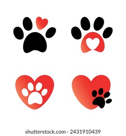 Paw print with heart icons isolated on white background. Collection of paw and heart vector icons.