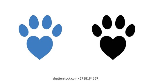 Vector del logotipo del corazón de la impresión de la pata, icono azul y negro del amor del animal doméstico, símbolo minimalista de la huella del perro y del gato para el rescate animal y la marca veterinaria