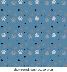 Paw print and heart seamless. Traces of Cat Textile Pattern. Cat footprint seamless pattern. Vector seamless eps