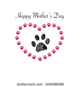 Paw print with hearts. Happy Mother's Day greeting card background