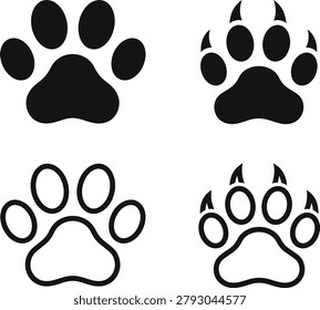 paw print icon collection with bold black outlines and four stylized paw designs