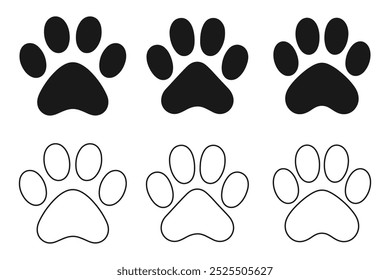 Coleção de Ícones de Impressão Paw. Paw Print Icon Silhouette Set (Conjunto de silhuetas para ícones de impressão de patas). Paw imprimir ícones simples. ícone de pata preto sobre fundo branco silhueta vetor ilustração.