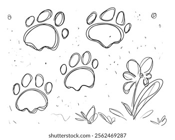 Paw print icon, dog foot traces, cat legs print, pet footprint silhouette, minimal animal tracks symbols, doodle sketch vector illustration