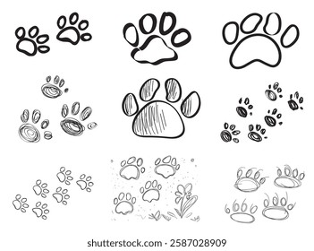 Paw print icon, dog foot traces, cat legs print, pet footprint silhouette, minimal animal tracks symbols, doodle sketch vector illustration set