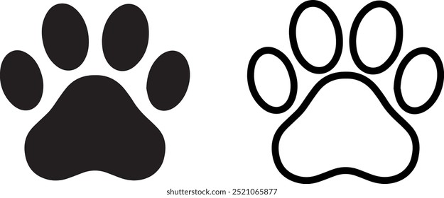 Paw print. Icon dog puppy and cat. Footprint pet. Foot puppy isolated on white background. Black silhouette paw. Cute shape paw prints. Walk pets for design .