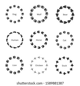 Paw print icon. Dog wolf bear human horse cat lion chicken duck prints