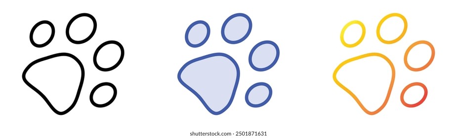 Icono de impresión de pata. Lineal, relleno azul y diseño de estilo degradado aislado sobre fondo blanco