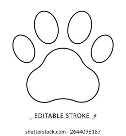 Paw print icon in minimal line style with editable stroke. Animal footprint symbol, pet care element, wild track for veterinary visuals, zoo themes, wildlife concept and domestic animal illustration.