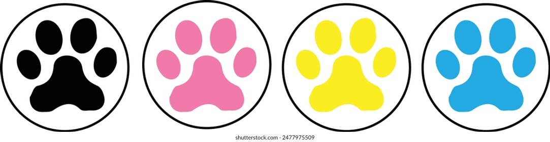 Paw print icon. Pet animal health care insurance symbol. Dog or cat footprint mark vector. Kitty paw with heart sign. Pet love logo.