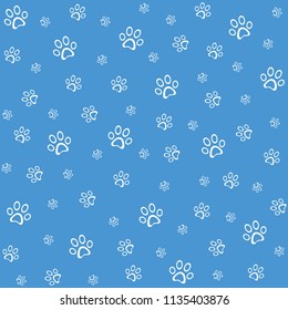 Paw print icon seamless pattern, blue vector illustration