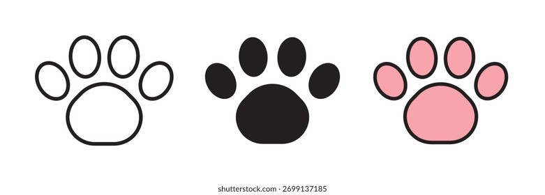 Paw print icon set in flat vector illustration, created in outline, filled, and color style. Ideal for pet care, animal tracks, wildlife, and veterinary design concepts.