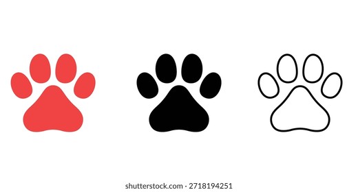 Vector del sistema del icono de la impresión de la pata, silueta animal minimalista de la Pista, símbolo rojo y negro de la huella del animal doméstico para la marca del veterinario y del perro
