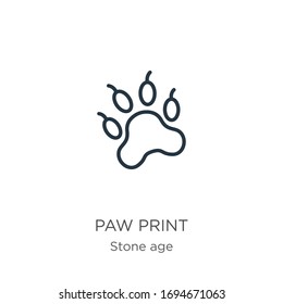 Paw print icon. Thin linear paw print outline icon isolated on white background from stone age collection. Line vector sign, symbol for web and mobile
