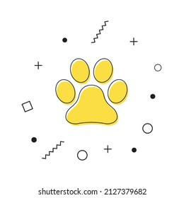 Paw print icon vector. Yellow cat paw print icon with geometric shapes on white background. Vector