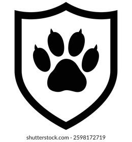 Paw print inside a classic shield shape, symbol of pet protection and safety. It represents security, care and the safeguarding of animals or power.