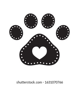 Paw print isolated on white background. Pawprint with heart in black and white colors. Pet care sign, symbol. Stylized icon, logo, logotype. Dog, cat trace, mark. Vector