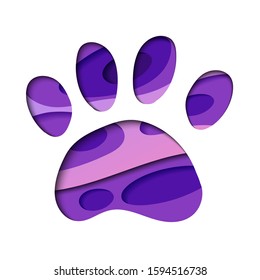 Paw print in layered paper cut style silhouette. Animal childish image of a paw print